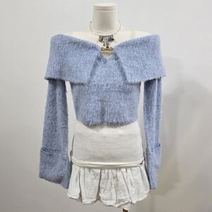 Cult Gaia Light Blue Knit Off The Shoulder Cropped Top